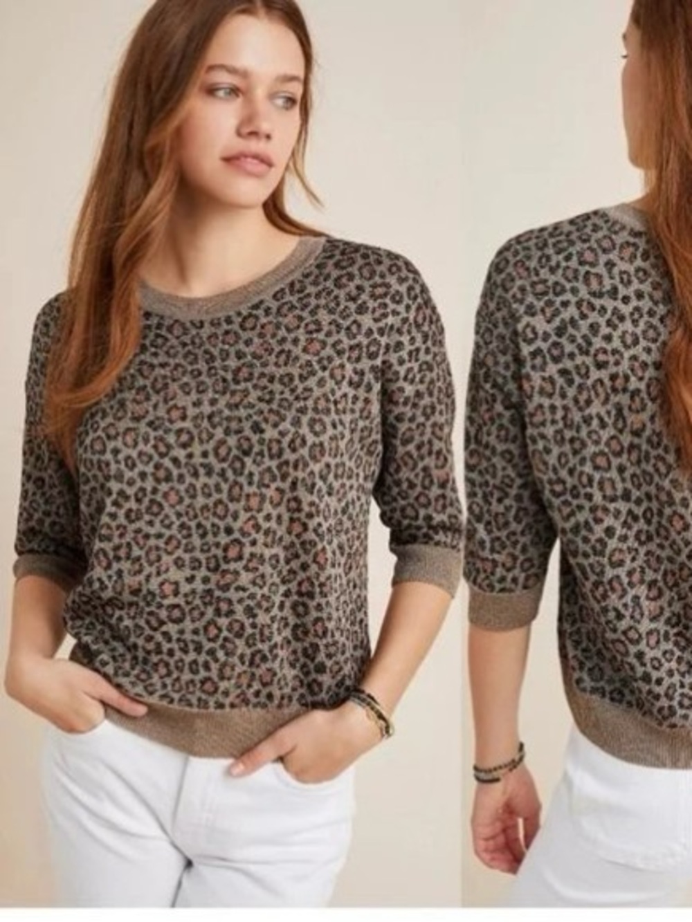 Anthropologie M Sparkly Leopard Print Crewneck Sweater 3/4 Sleeve Boho Fall